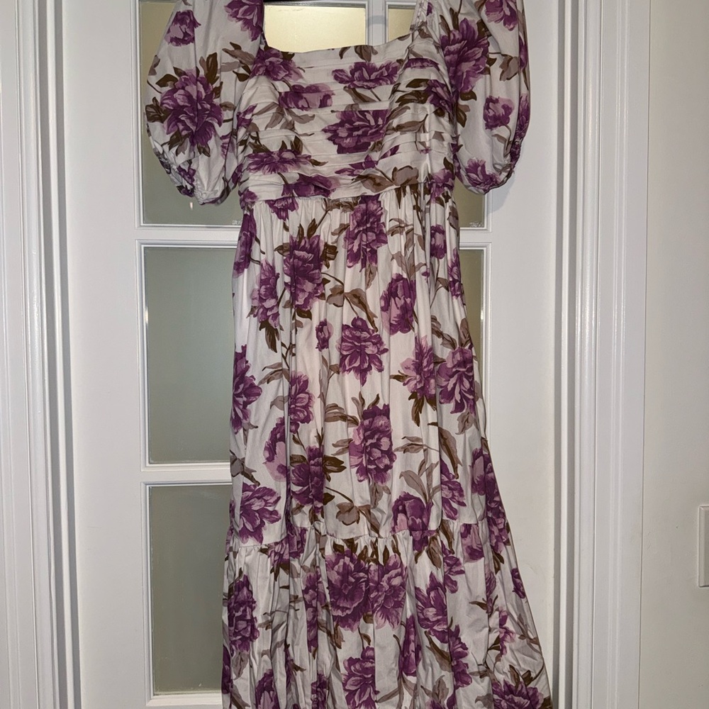 Abercrombie & Fitch Emerson Poplin Puff Sleeve Midi Dress Purple Floral Print